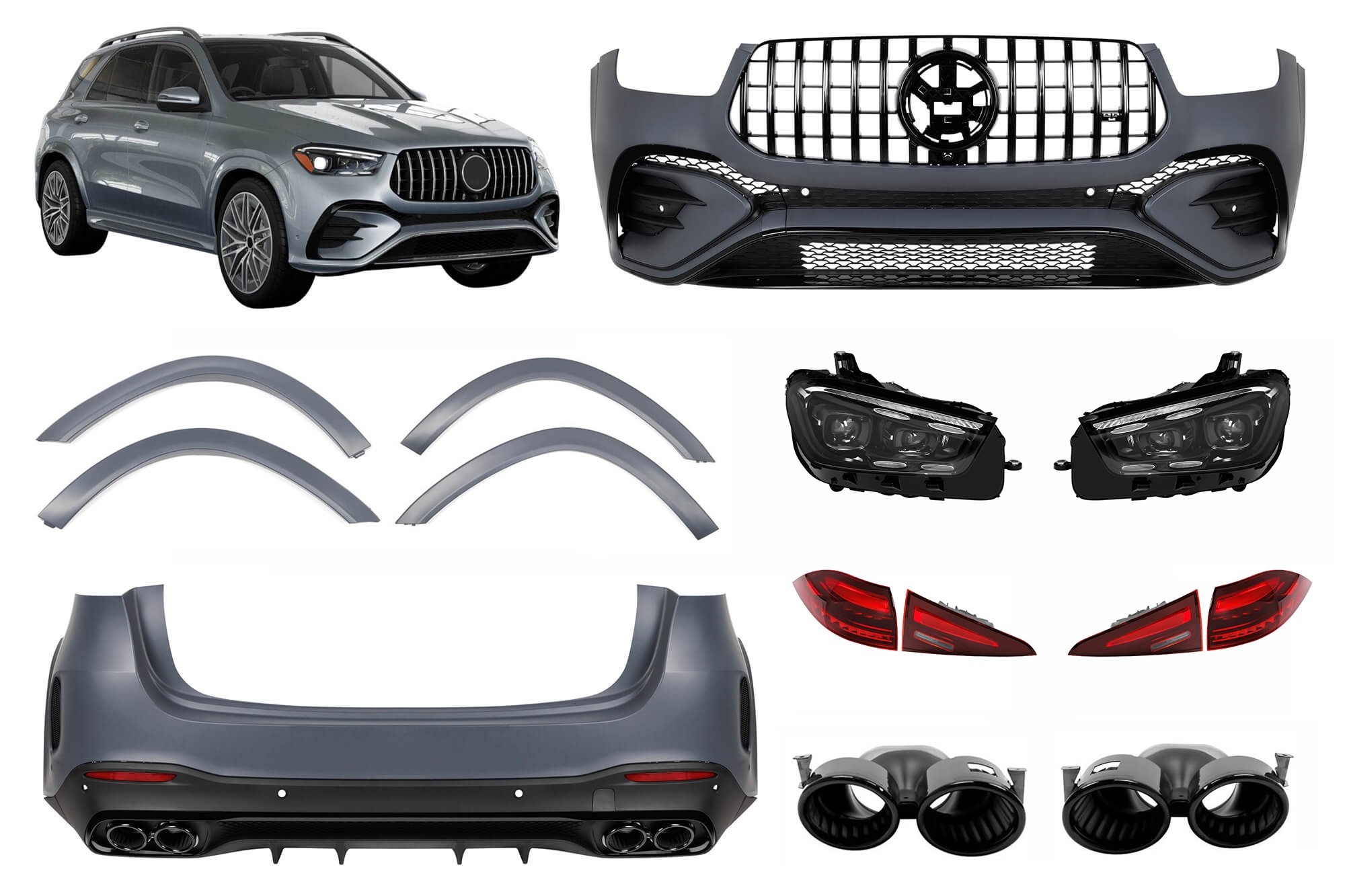 AMG пакет тип GLE53 за Mercedes GLE SUV W167 след 2023 година, със задна броня, LED фарове и LED стопове