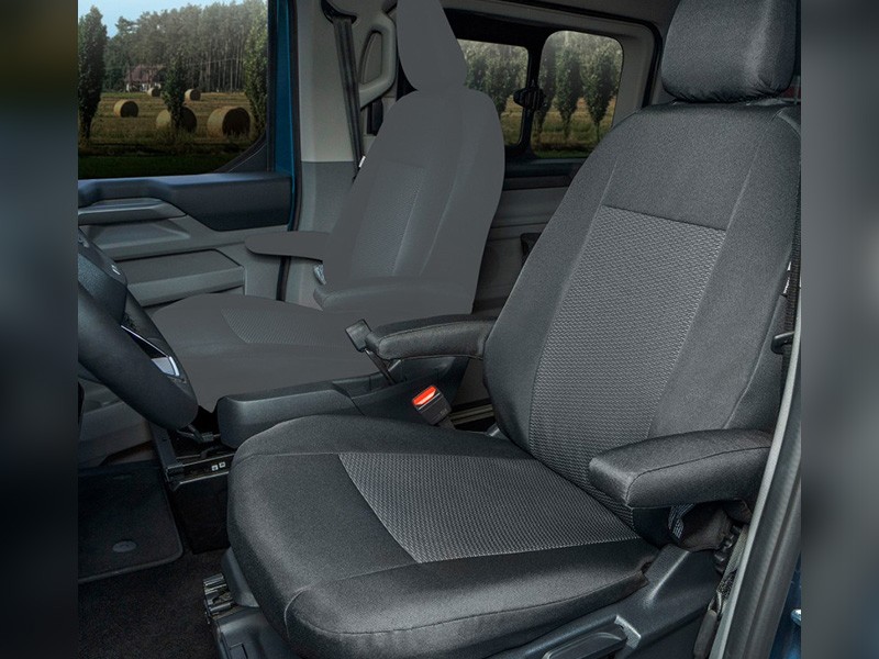 Тапицерия Kegel Tailor Made за единична шофьорска седалка с два подлакътника на Ford Transit Custom, Tourneo Custom, Volkswagen T7 след 2024 година, черна със сиво