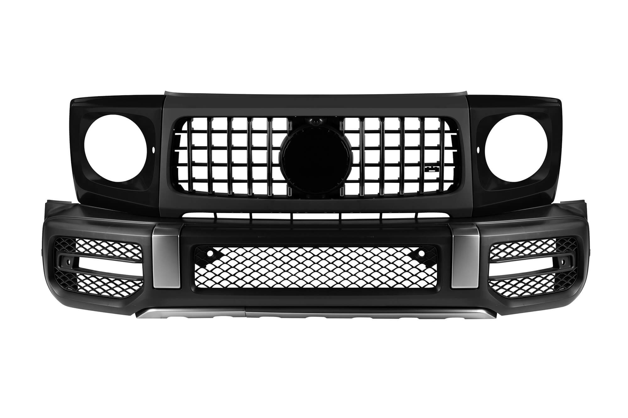 Комплект тунинг предна броня тип 63 съвместим с Mercedes G класа W464 след 2018 година с PDC, решетка, капаци около фаровете, раздувки за калници