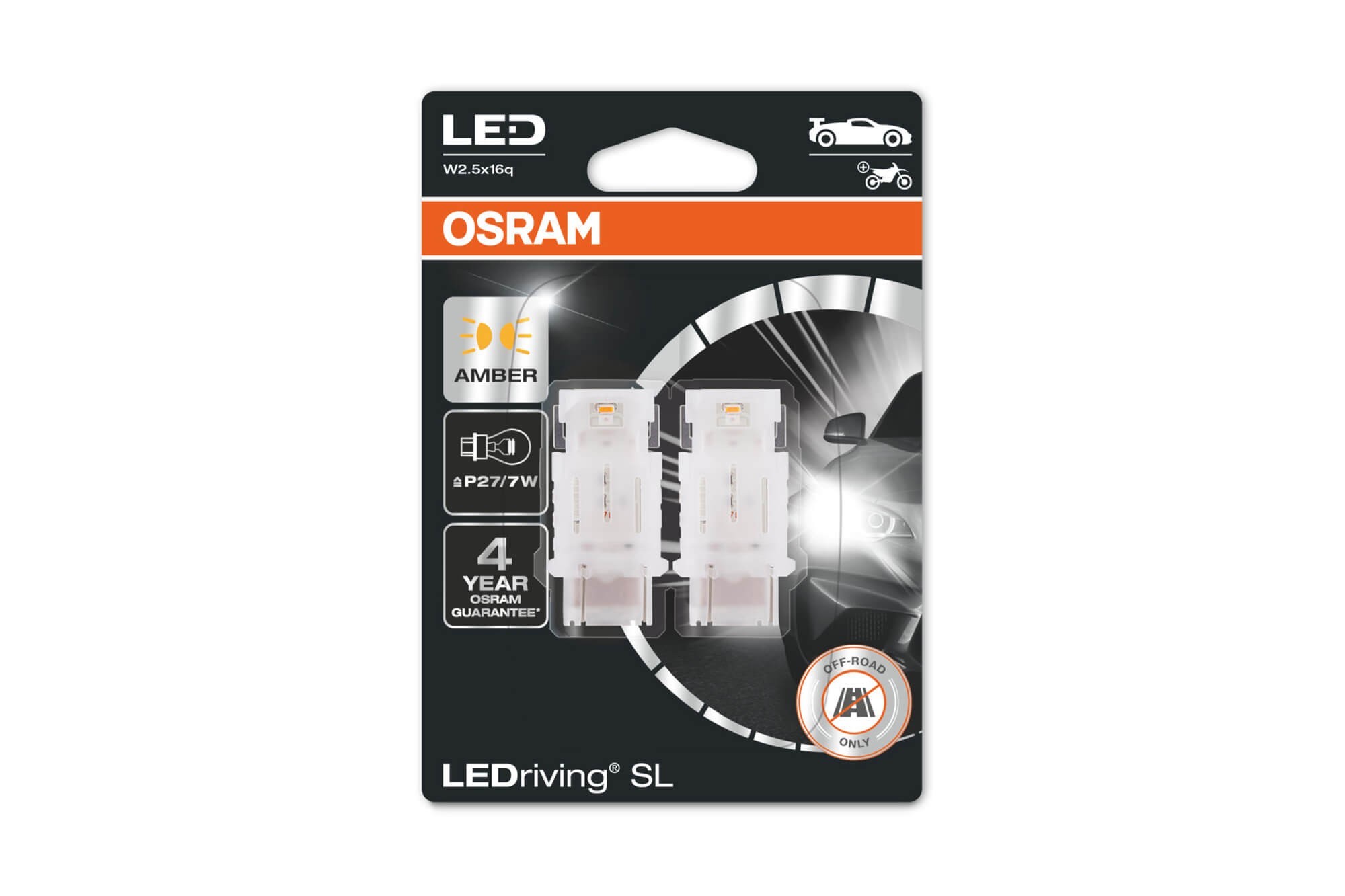  Комплект 2 броя LED лампи Osram тип P27/7W кехлибар, 55LM, 12V, 1.90W, W2.5x16q