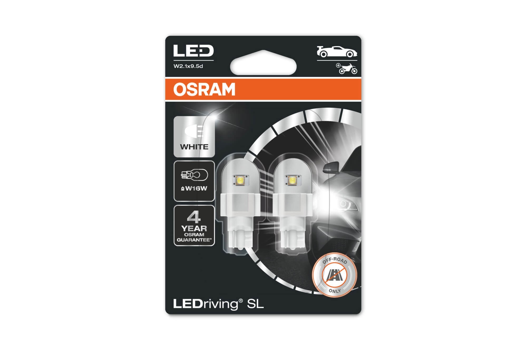  Комплект 2 броя LED лампи Osram тип W16W бели 6000K, 280LM, 12V, 2.10W, W2.1x9.5d