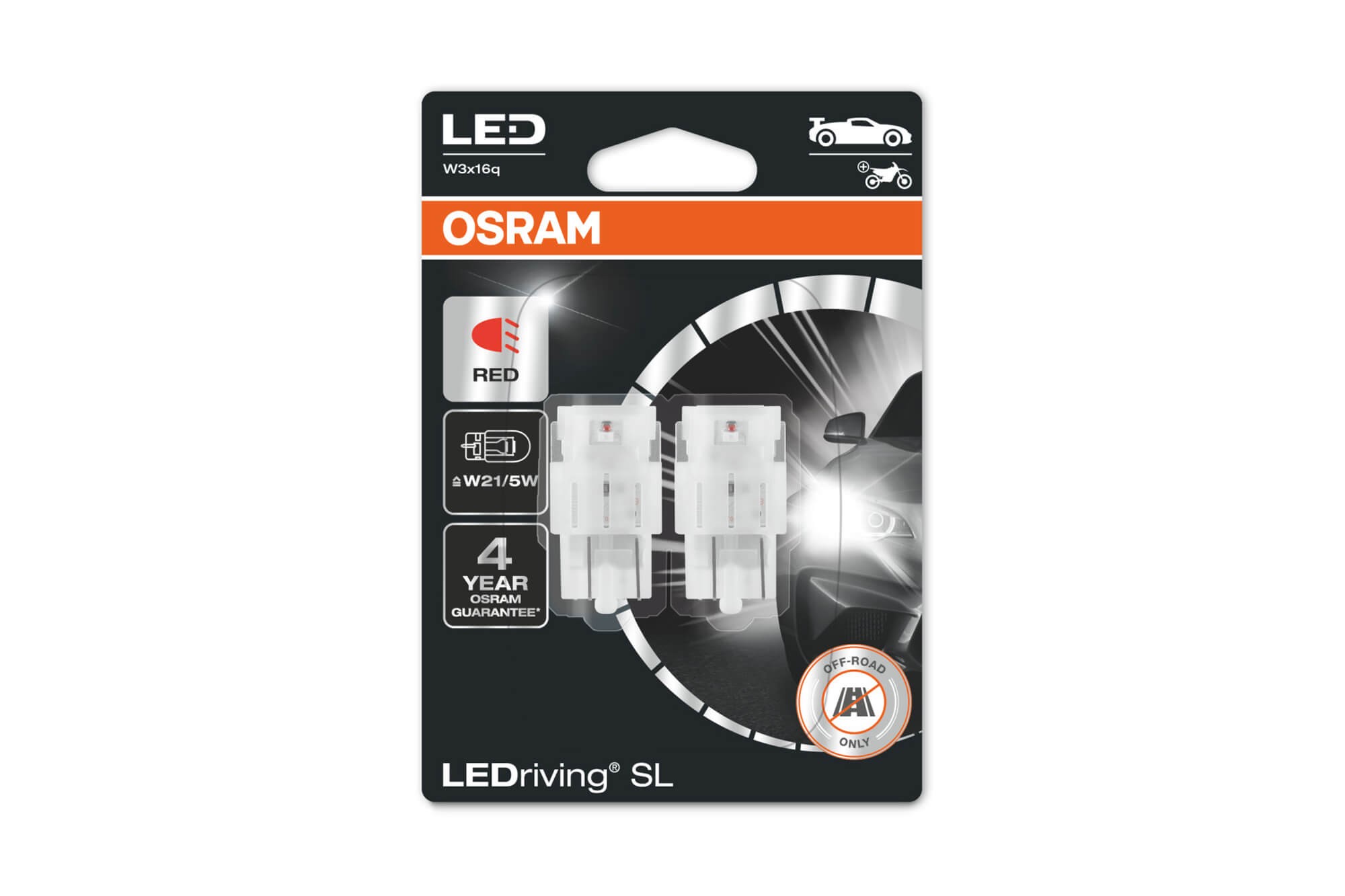  Комплект 2 броя LED лампи Osram тип W21/5W червени, 80LM, 12V, 1.70W, W3x16q