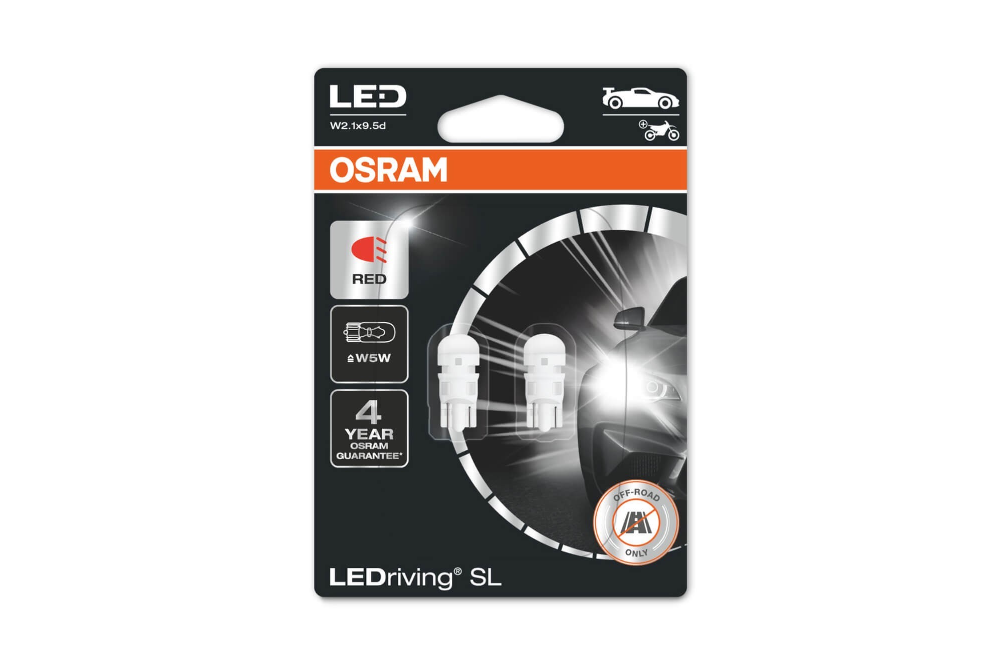  Комплект 2 броя LED лампи Osram тип W5W червени, 15LM, 12V, 0.6W, W2.1x9.5d
