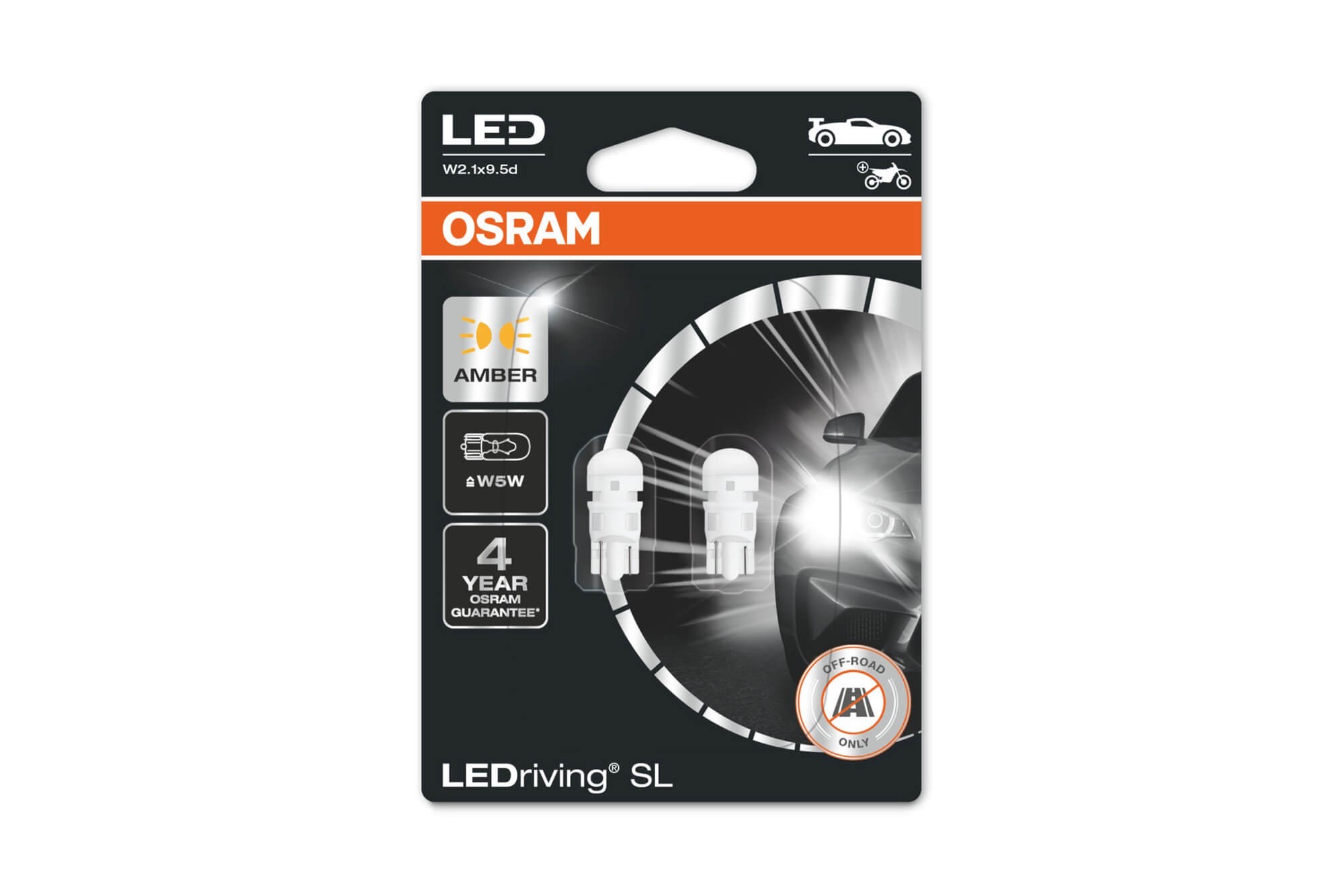 Комплект 2 броя LED лампи Osram тип W5W кехлибар, 7LM, 12V, 0.5W, W2.1x9.5d