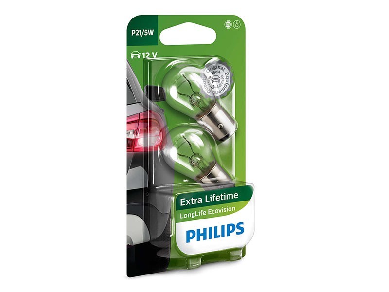 Комплект 2 броя халогенни крушки Philips P21/5W LongLife EcoVision 12V, 21/5W, BAY15D