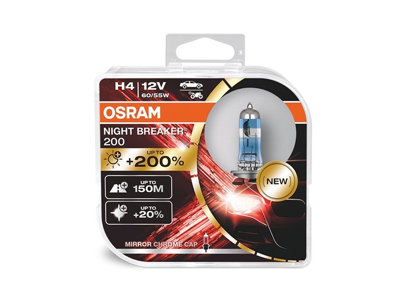 Комплект 2 броя халогенни крушка Osram H4 Night Breaker 200 12V, 60/55W, P14t, 3900K, 1650/1000lm