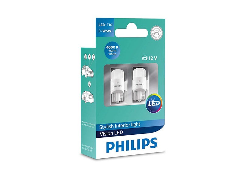 Комплект 2 броя LED лампи Philips тип W5W Vision топло бели, 4000K, 12V, W2.1X9.5d