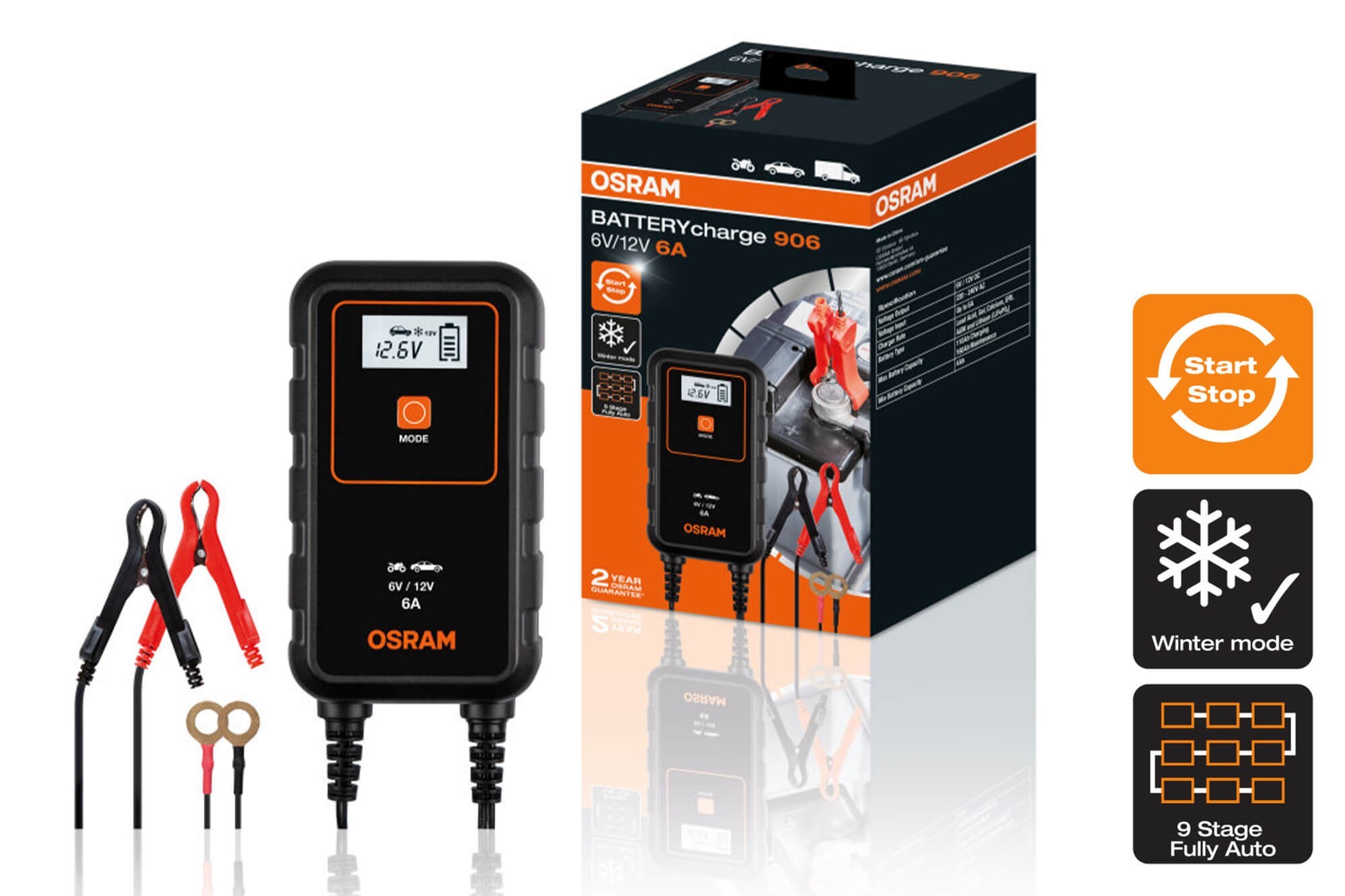 Smart зарядно Osram модел 906, 6/12V, 3/6A за акумулатори до 110Ah