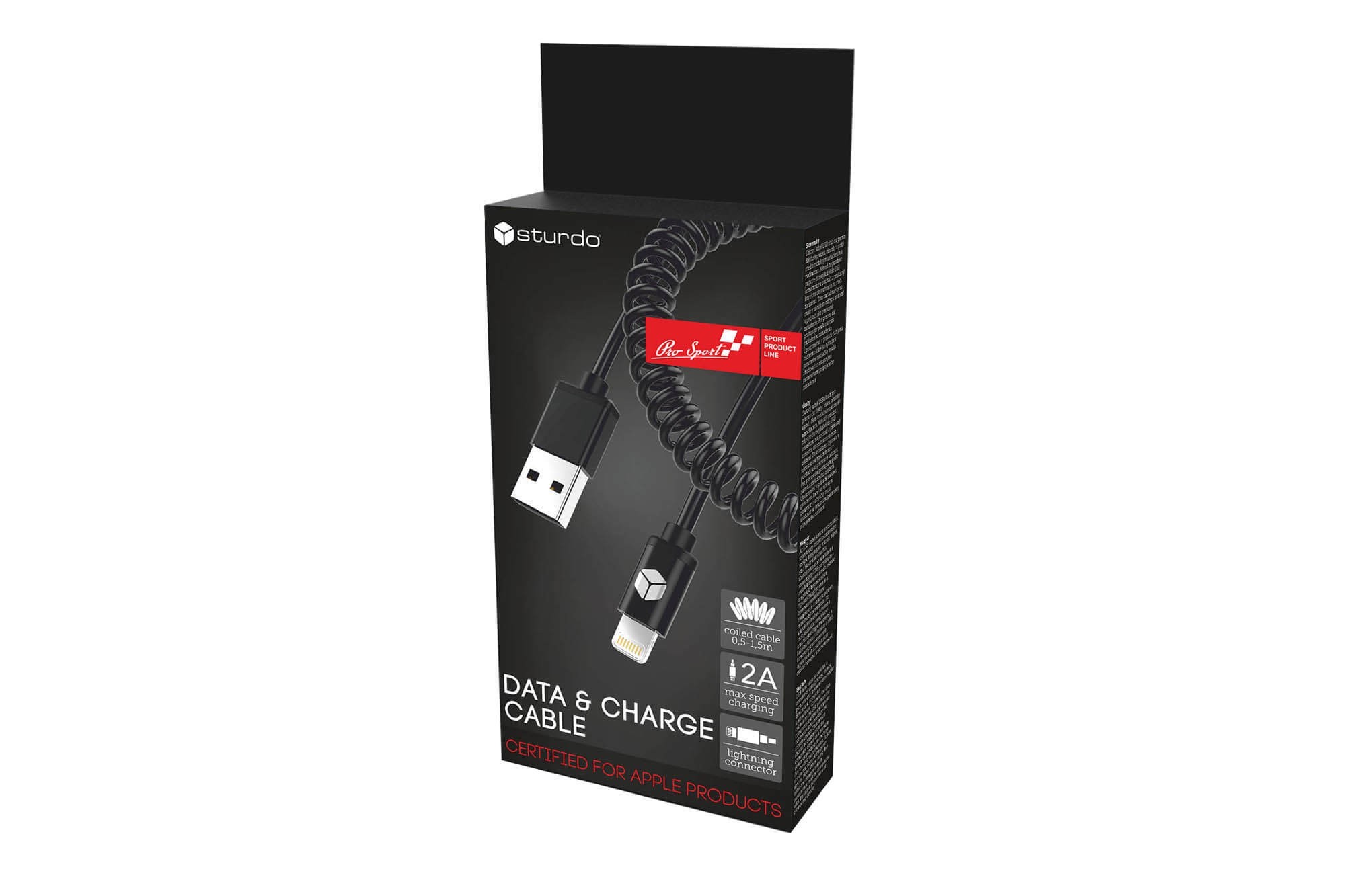 Спираловиден черен USB кабел Sturdo, MFI Lightning, 2A, 1.5м