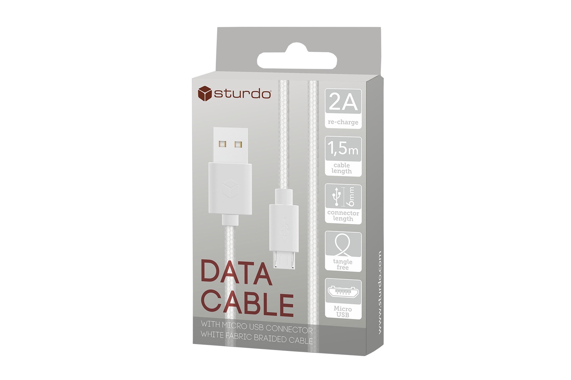 Текстилен бял micro USB кабел Sturdo, 2A, 1.5м