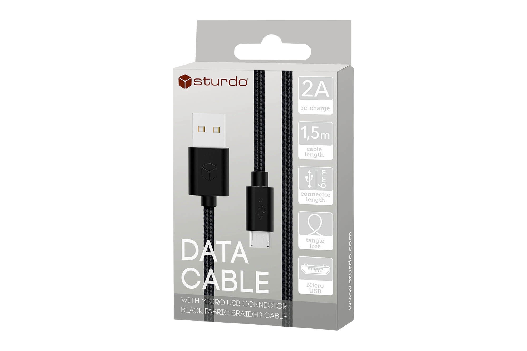 Текстилен черен micro USB кабел Sturdo, 2A, 1.5м