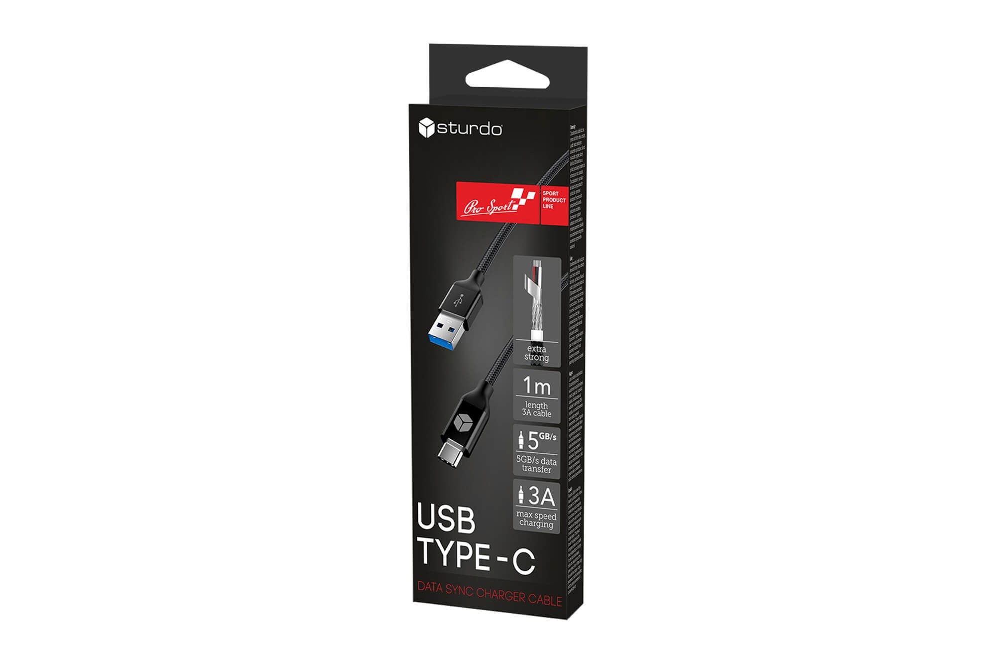 Текстилен черен USB кабел Sturdo, Type C, 3A, 5 GB/s, 1м