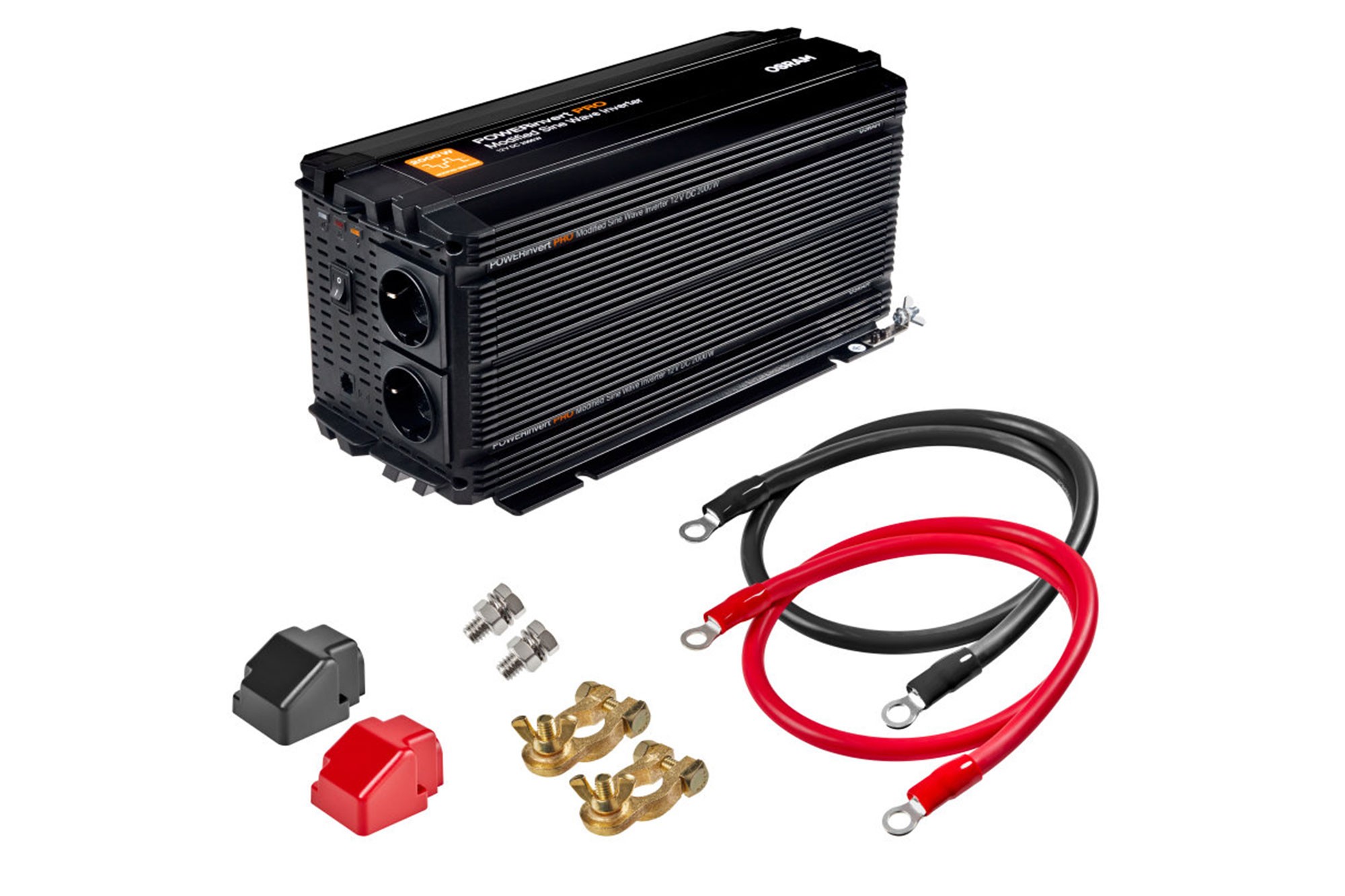 Монофазен токов инвертор Osram Modified Sine Wave Inverter 12V DC, 2000W, 196A, 50Hz, 200-240Vrms, с два контакта