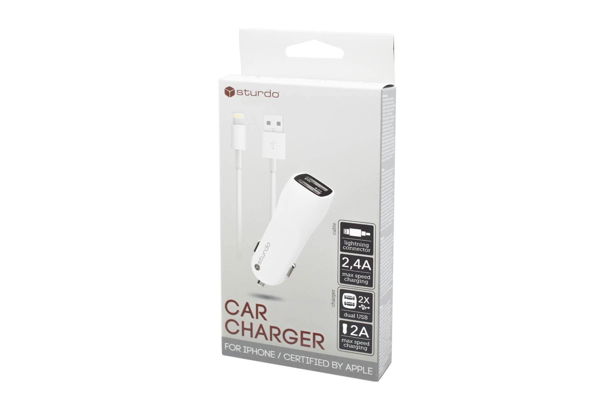 Бяло USB зарядно за автомобил Sturdo 2xUSB, 2A, с USB кабел за Iphone, 1м