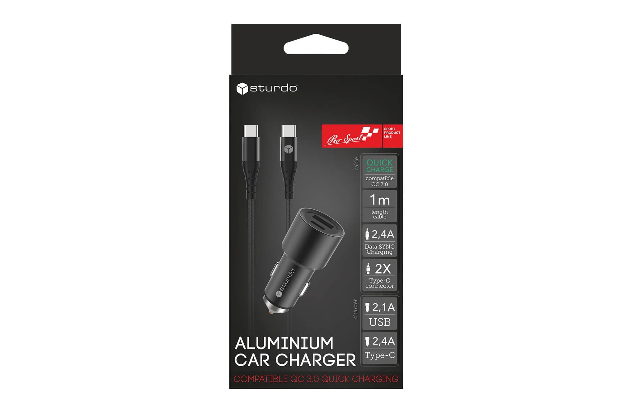 Черно USB зарядно за автомобил Sturdo QC 3.0, USB Type C и USB, с кабел USB Type C, 1м
