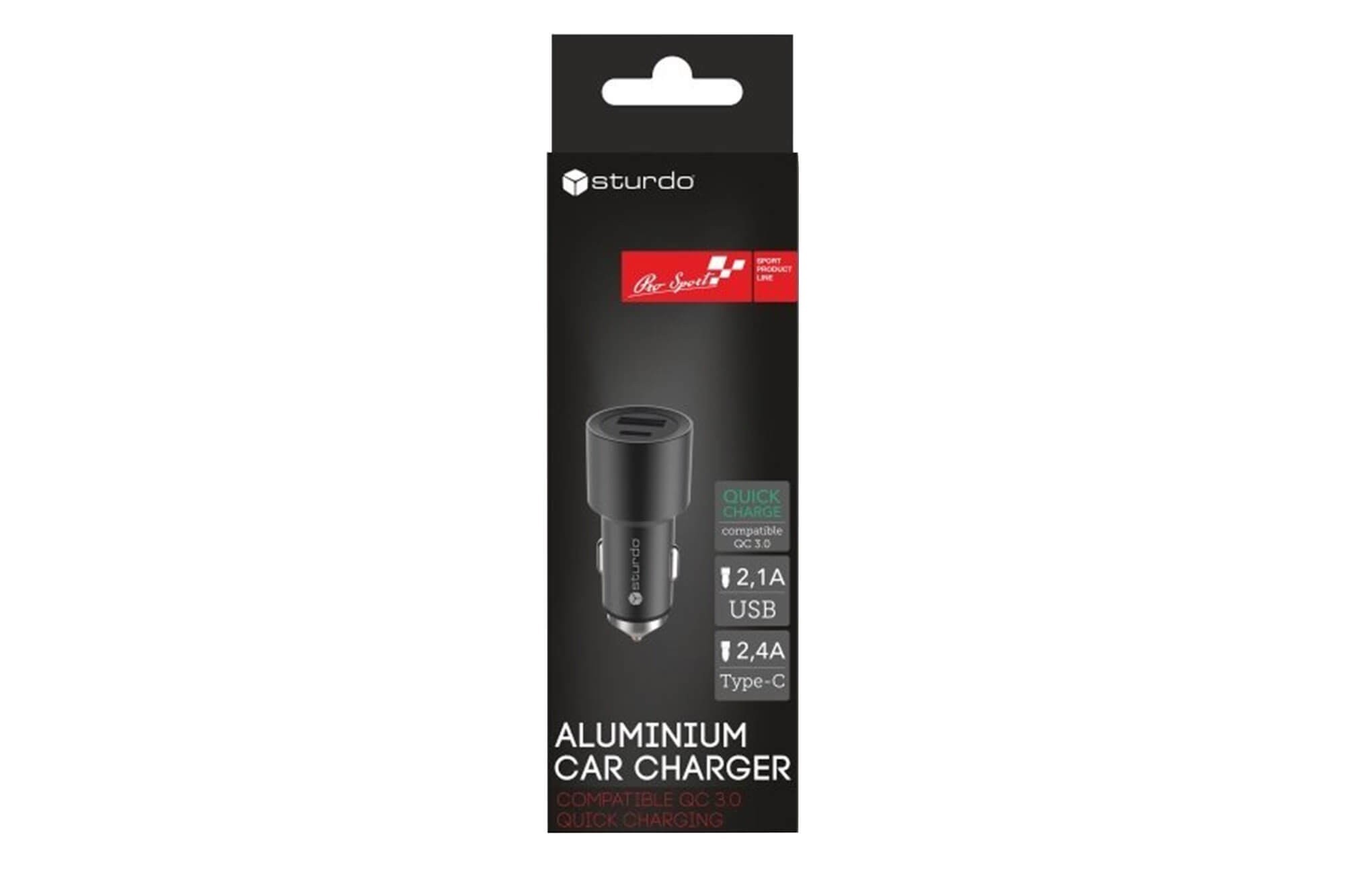 Черно USB зарядно за автомобил Sturdo QC 3.0, USB Type C и USB