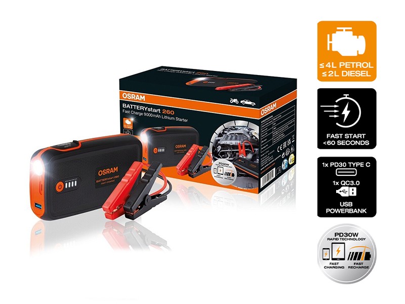 Външна батерия Osram BATTERYstart 260 Fast Charge за стартиране на двигателя, 9000mAh, 200-1000A