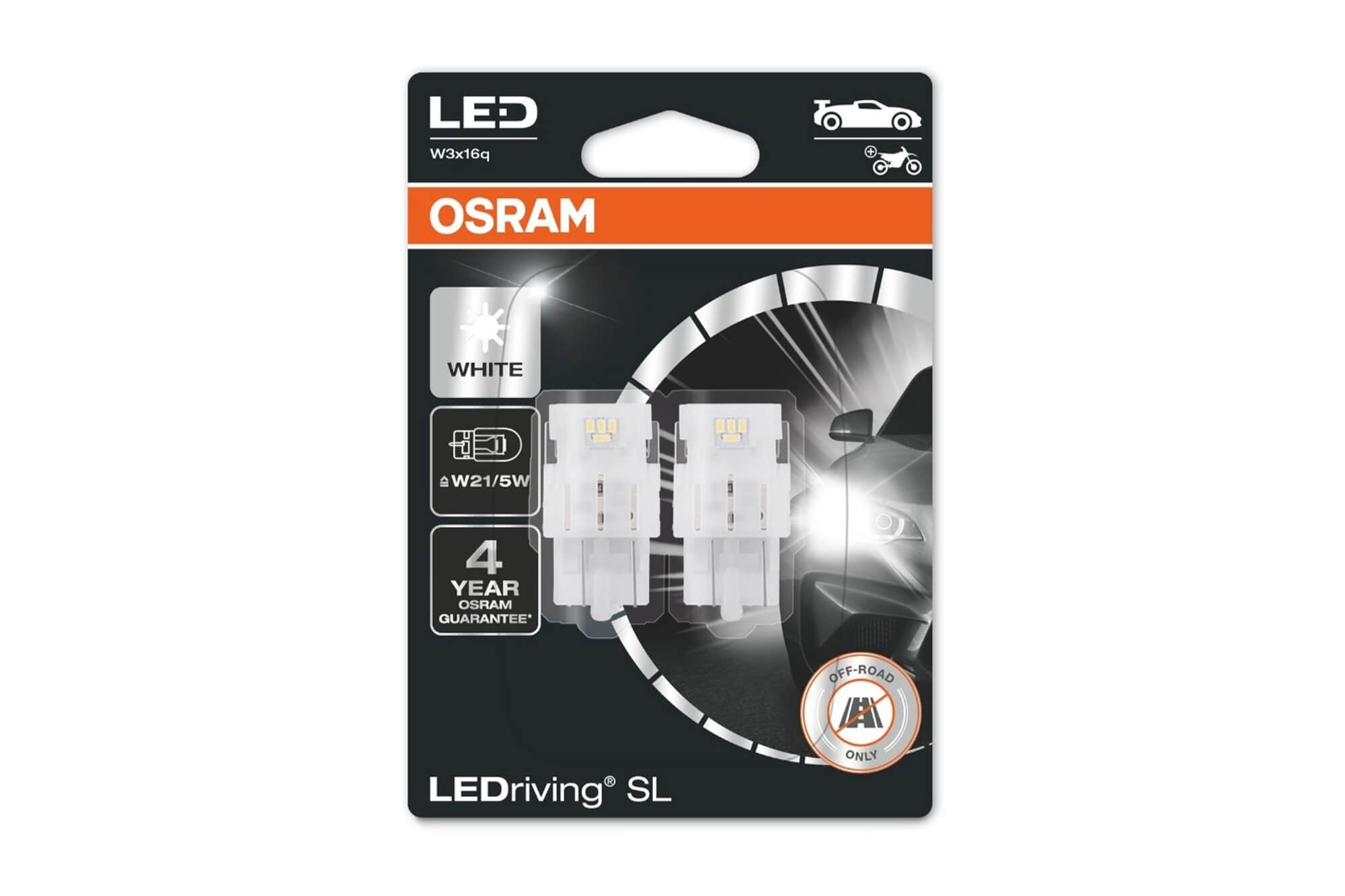  Комплект 2 броя LED лампи Osram тип W21/5W бели 6000K, 155LM, 12V, 1.90W, W3x16q