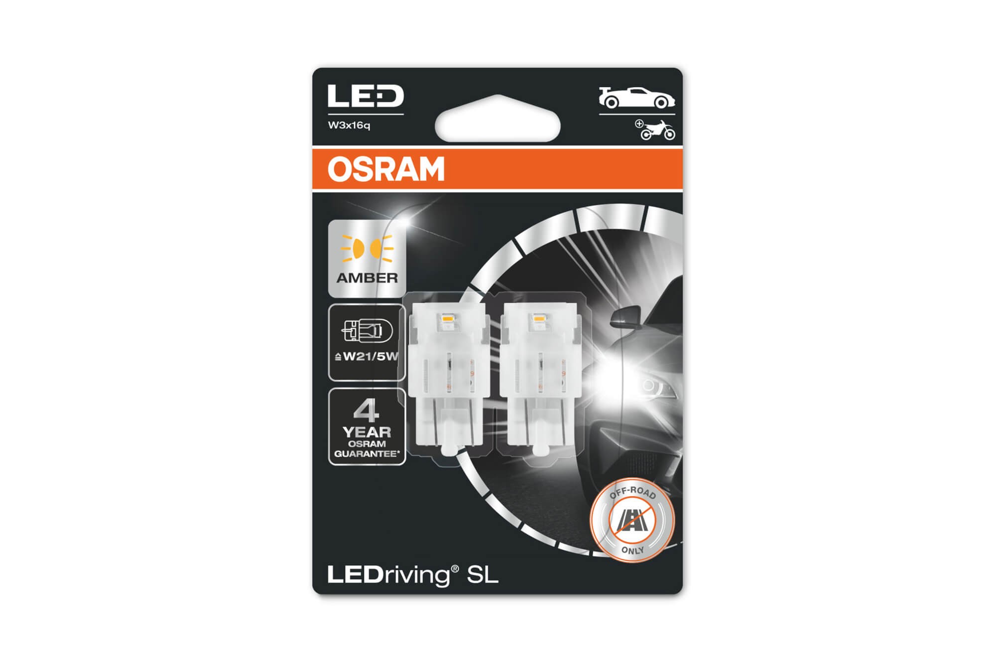  Комплект 2 броя LED лампи Osram тип W21/5W кехлибар, 55LM, 12V, 1.30W, W3x16q