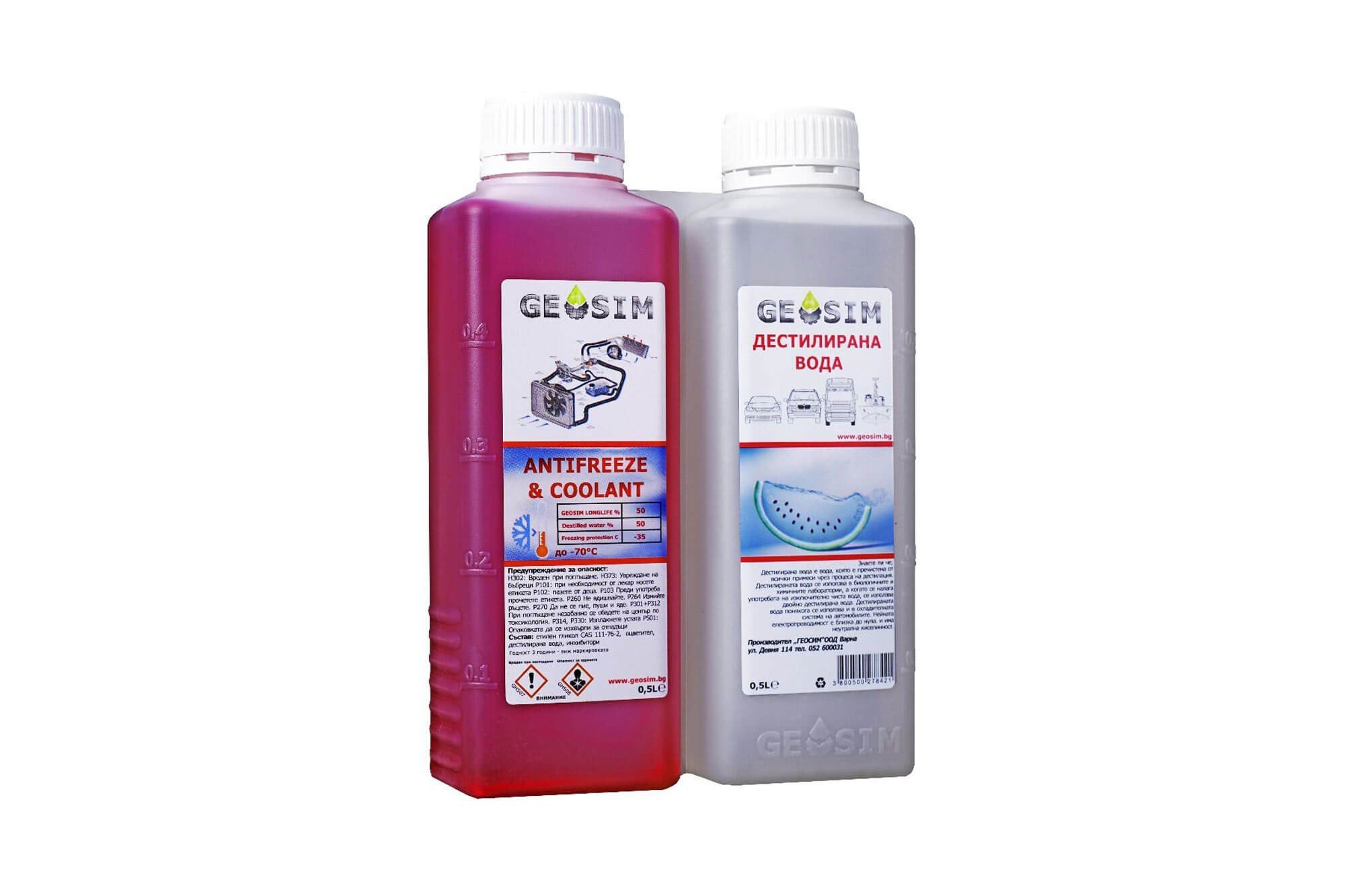 Комплект Geosim 2 в 1 от червен антифриз G12 концентрат 500ml и дестилирана вода 500ml