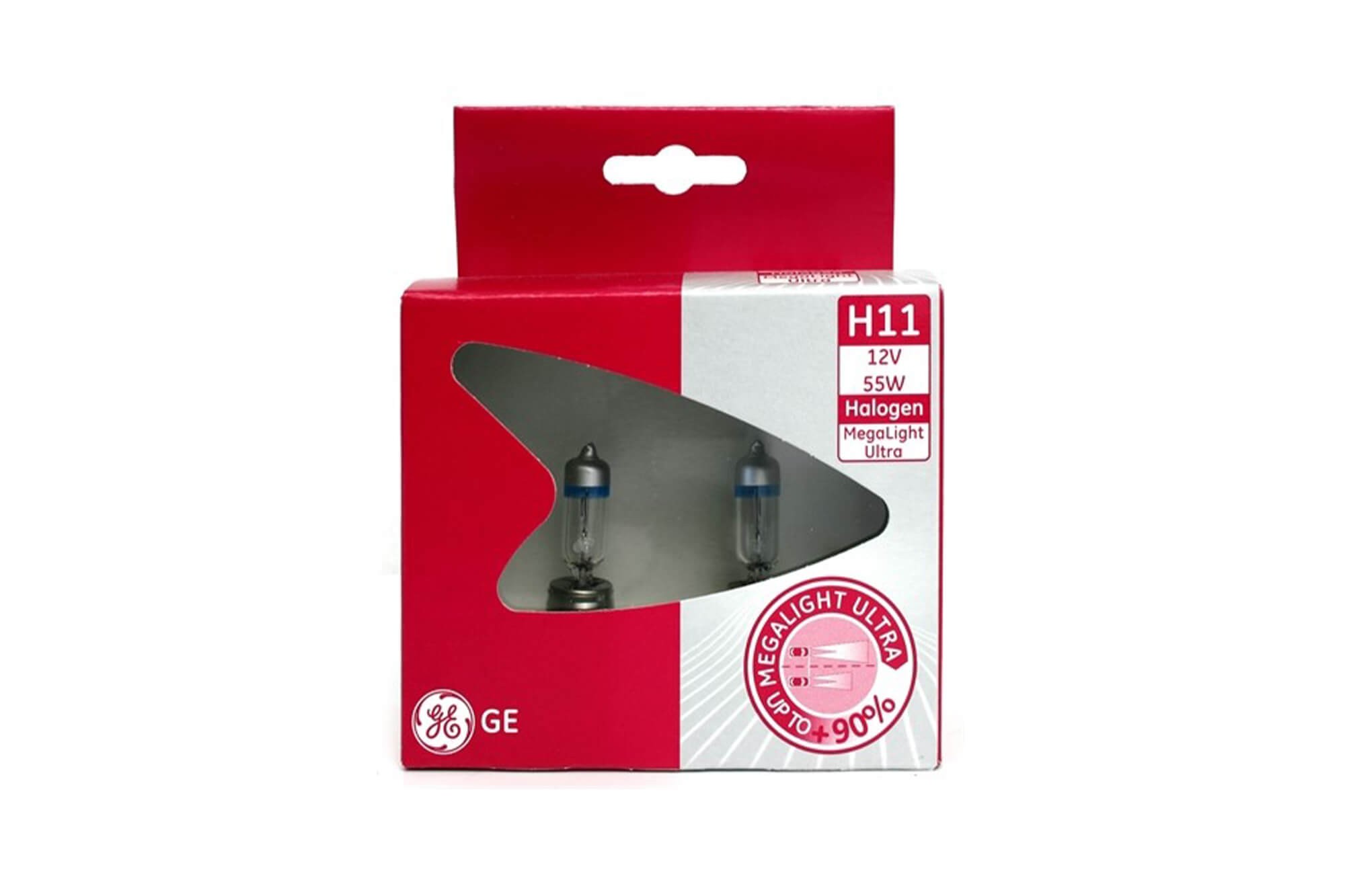 Комплект 2 броя халогенни крушки General Electric, серия Mega Light Ultra +90 H11, 12V, 55W, PGJ19-2