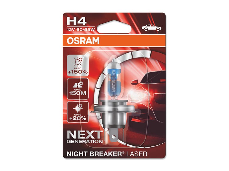 Халогенна крушка Osram H4 Night Breaker Laser +150% 12V, 60/55W, P14.5s, 1650/1000lm, 1 брой в блистер