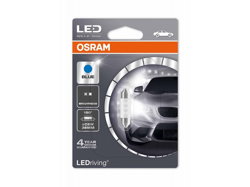 LED лампа Osram тип C5W 36mm., синя, 12V, 0.5W, SV8.5-8, 1 брой