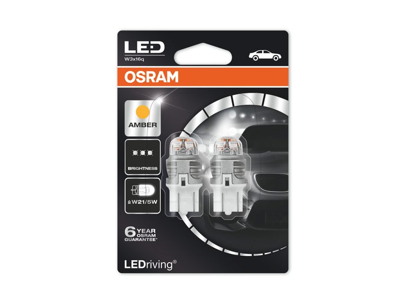 Комплект 2 броя LED лампи Osram тип W21/5W жълти, 12V, 1.5W, W3x16q