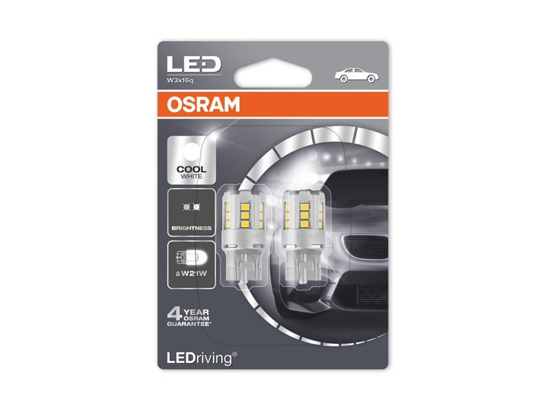 Комплект 2 броя LED лампи Osram тип W21W студено бяла, 6000K, 12V, 2.5W, W3x16d
