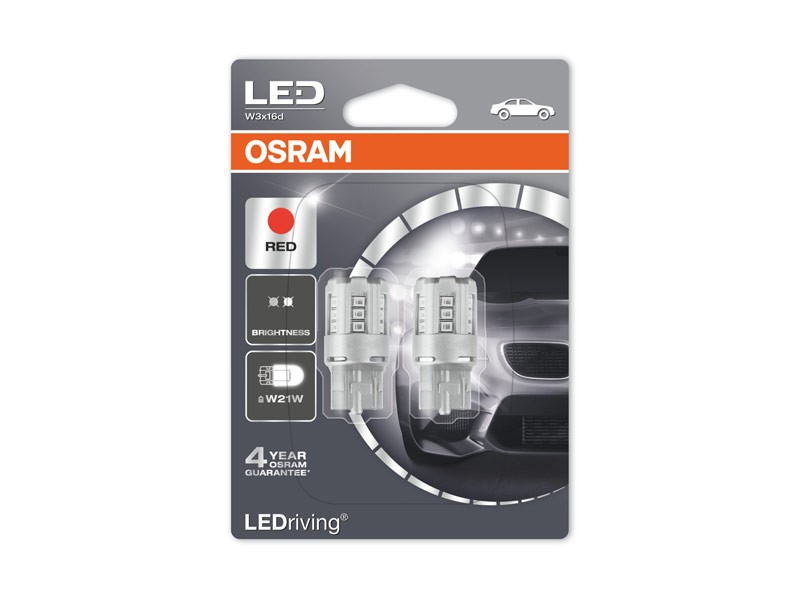 Комплект 2 броя LED лампи Osram тип W21W червени, 12V, 3W, W3x16d