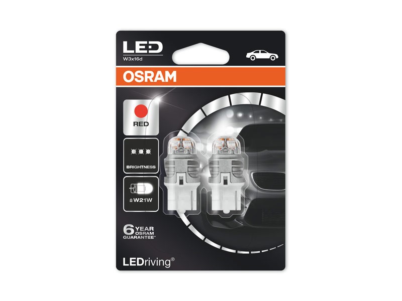Комплект 2 броя LED лампи Osram тип W21W червени, 12V, 1.5W, W3x16d
