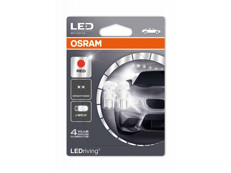 Комплект 2 броя LED лампи Osram тип W5W червени, 12V, 0.5W, W2.1x9.5d