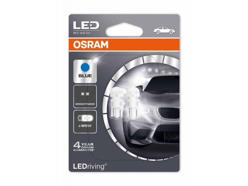 Комплект 2 броя LED лампи Osram тип W5W сини, 12V, 0.5W, W2.1x9.5d