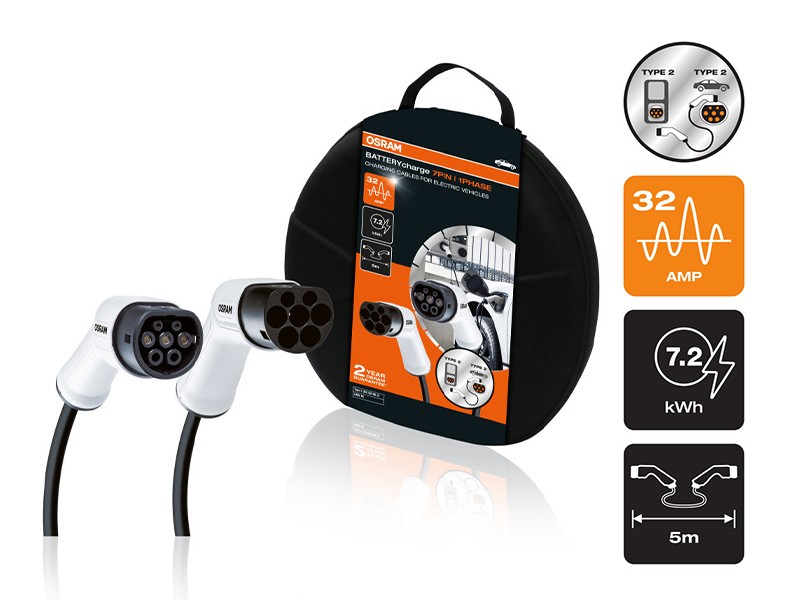 Кабел Osram за зарядно на електромобил с 7 пина тип 2 към тип 2 240V, 32A, 7.2KW