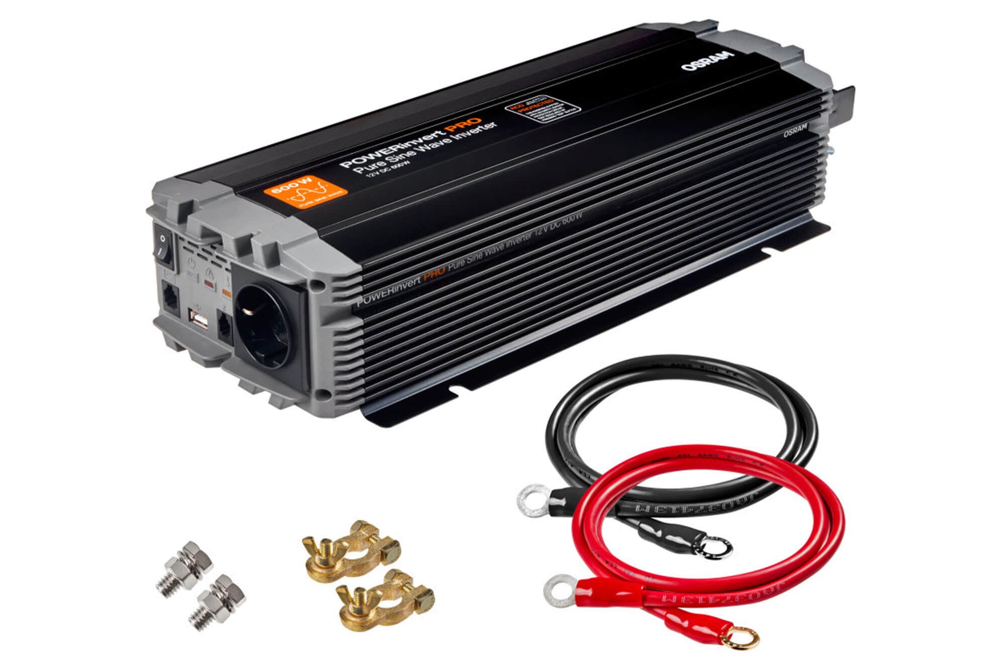 Монофазен токов инвертор Osram Pure Sine Wave Inverter 12V DC, 600W RDC, 59A, 50-60Hz, 200-240Vrms, с един контакт