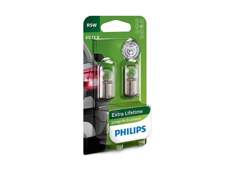 Комплект 2 броя халогенни крушки Philips R5W LongLife EcoVision 12V, 5W, BA15S
