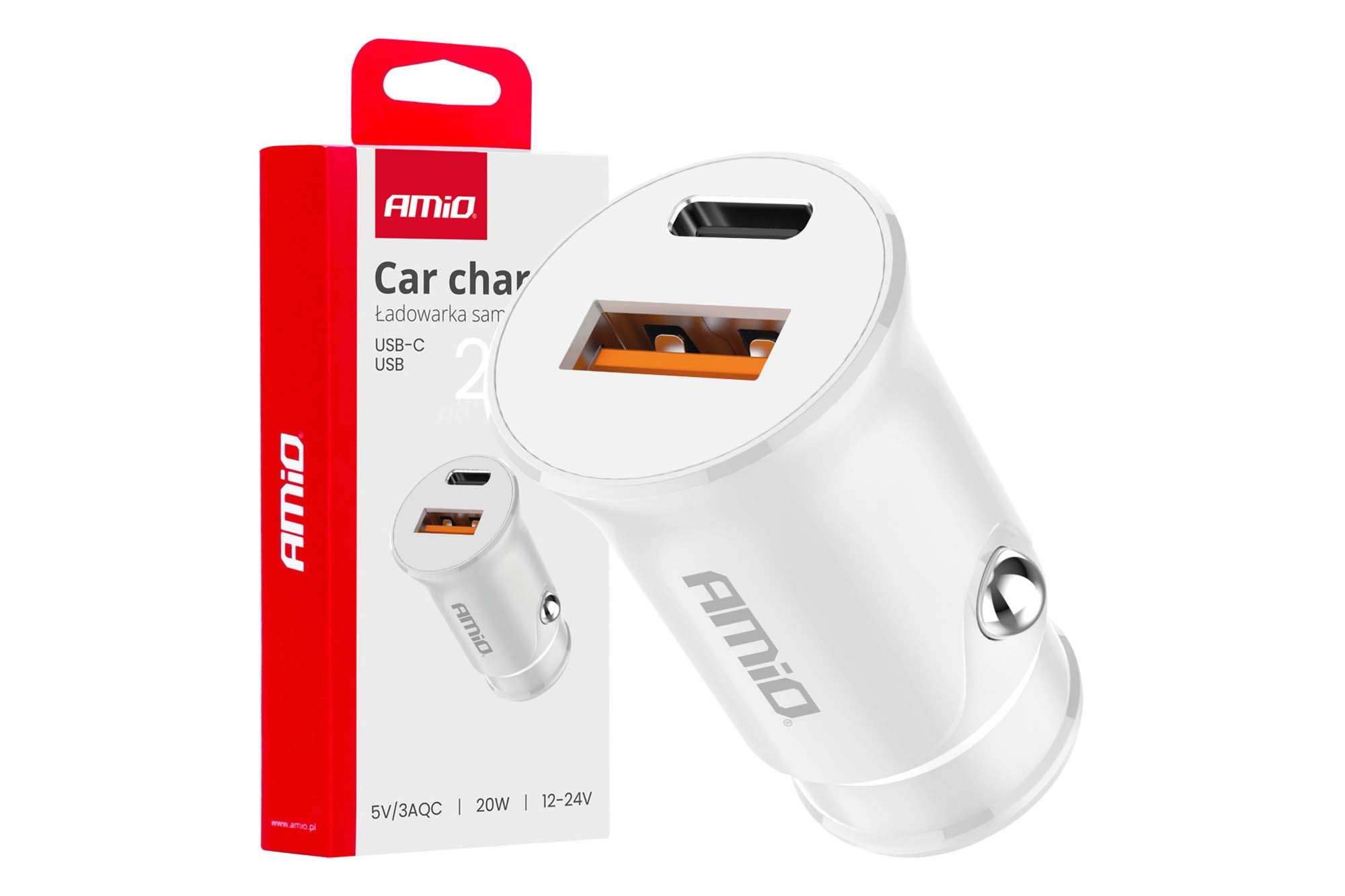 Зарядно Amio за запалка с USB порт и Type-C 12/24V, 20W