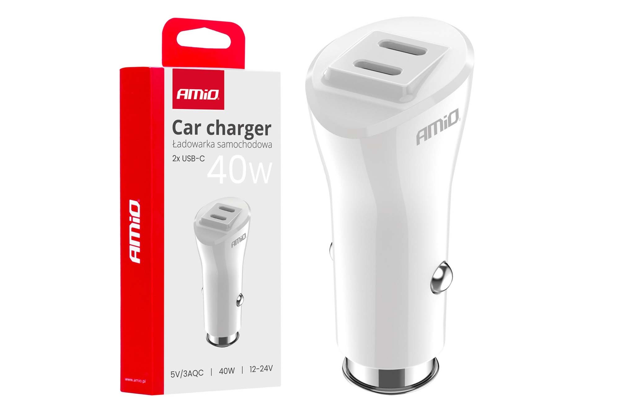 Зарядно Amio за запалка с 2 Type-C порта 12/24V, 40W