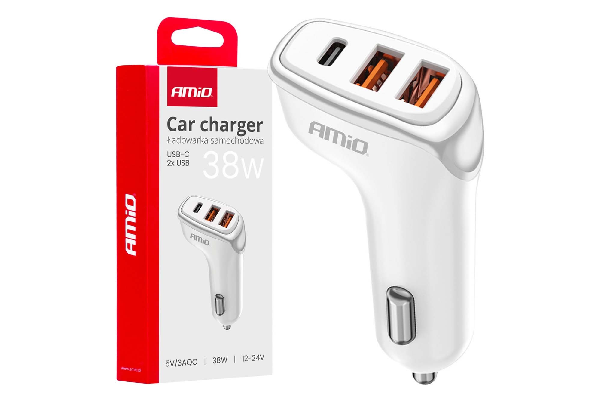 Зарядно Amio за запалка с 2 USB порта и Type-C 12/24V, 38W
