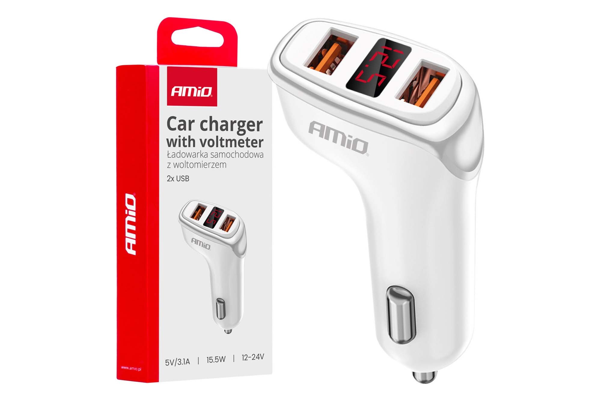 Зарядно Amio за запалка с 2 USB порта и дисплей 12/24V, 15.5W, 3.1A