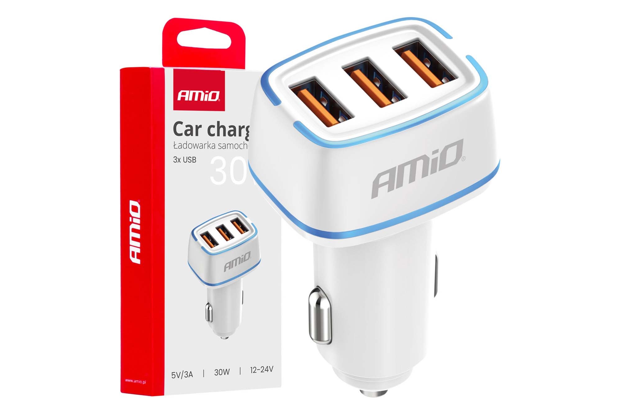 Зарядно Amio за запалка с 3 USB порта 12/24V, 30W, 3A
