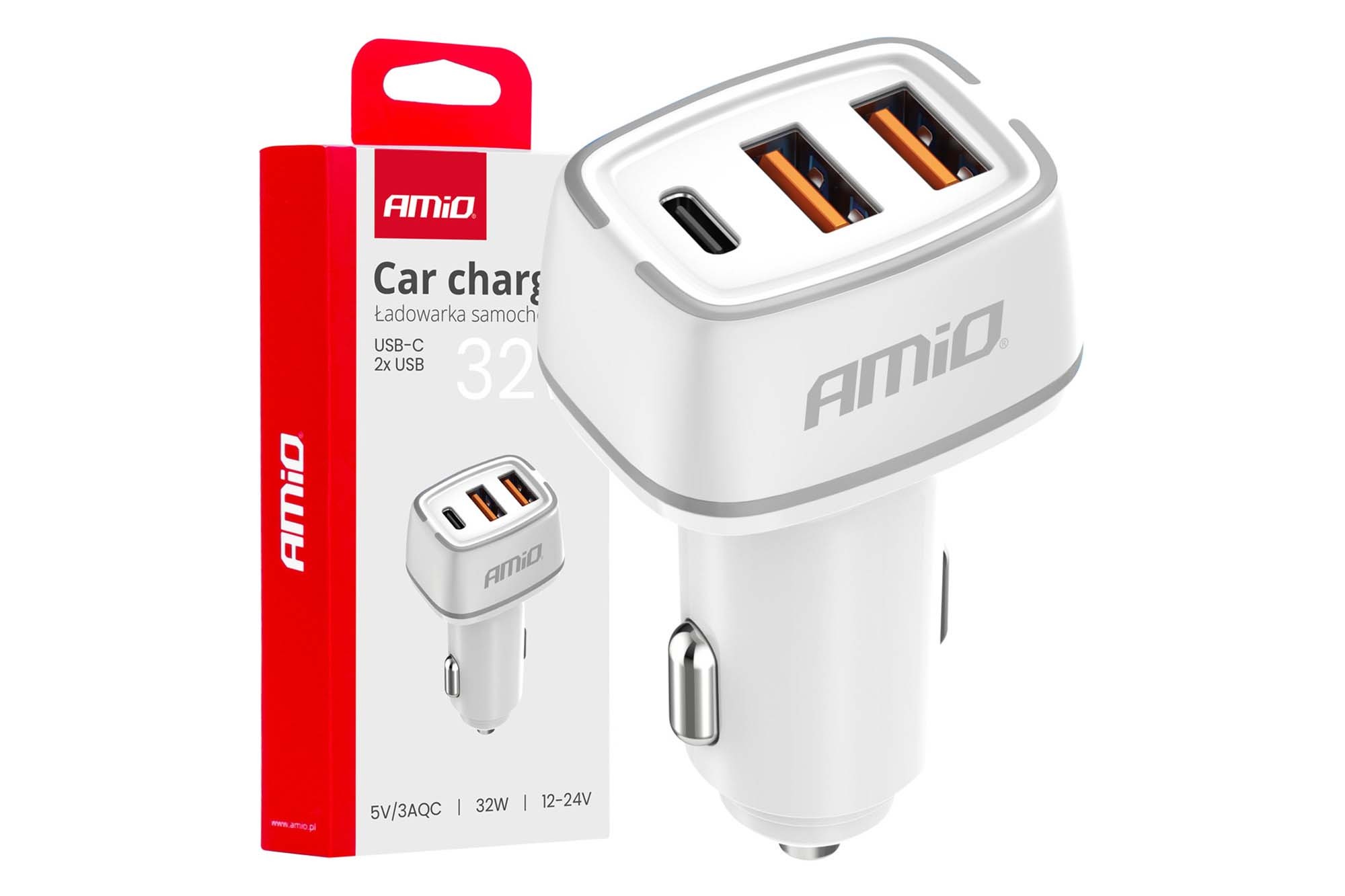Зарядно Amio за запалка с 2 USB порта и Type-C 12/24V, 32W