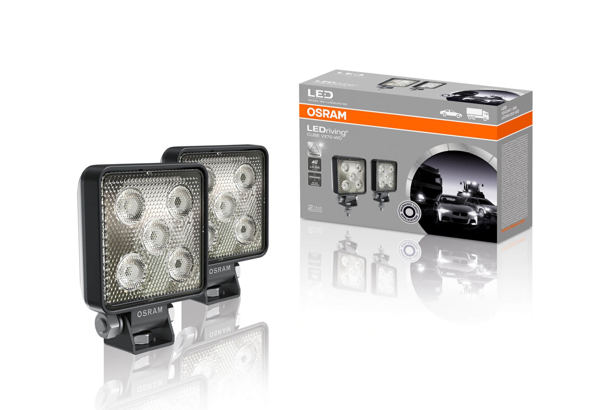 Комплект 2 броя квадратни LED барове Osram Cube VX70-WD 97x73x31mm, 6000K, 550LM, 24W, 12/24V, IP67, E-mark E4