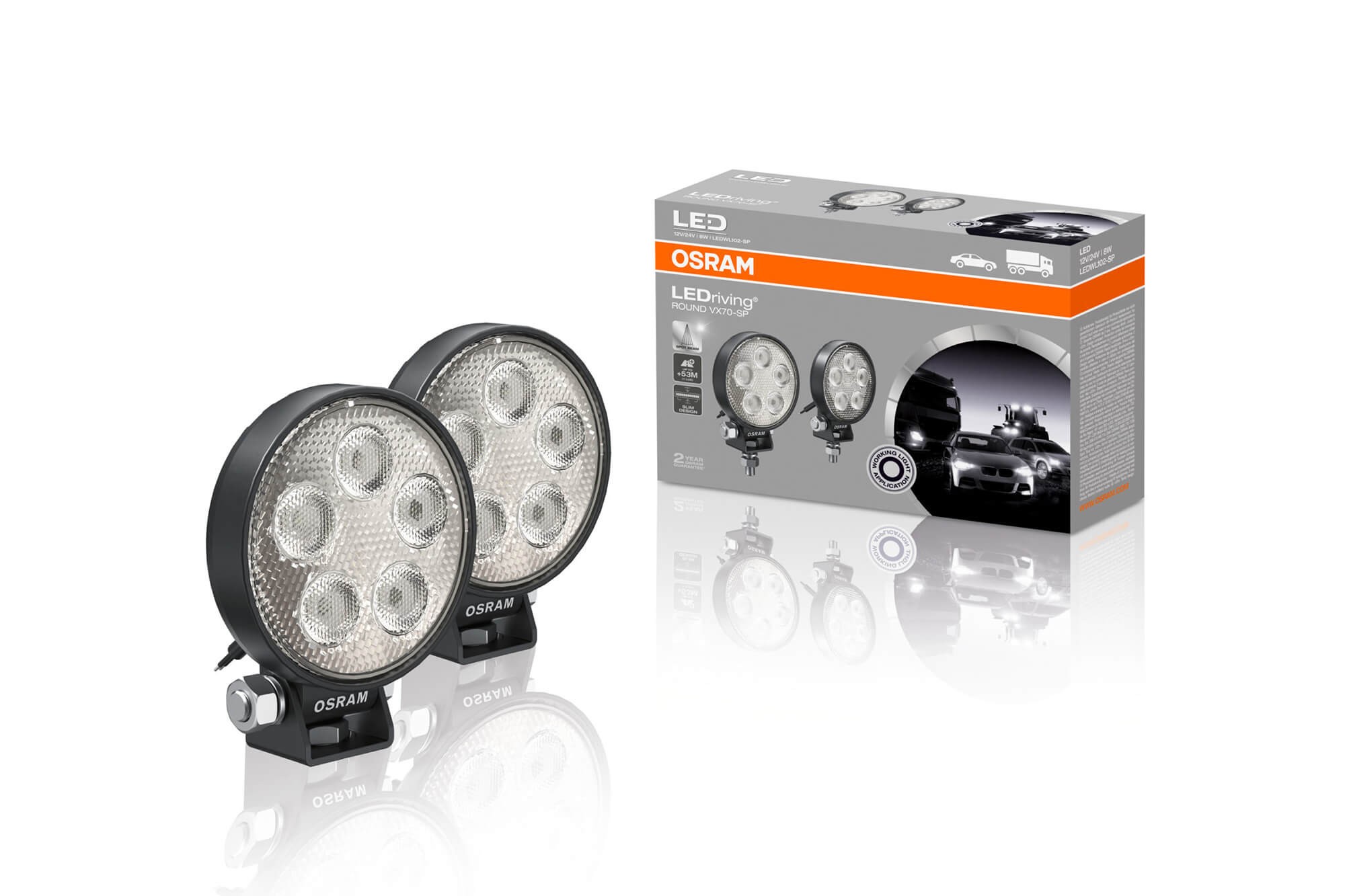 Комплект 2 броя кръгли LED барове Osram Round VX70-SP 83x64x108mm, 6000K, 1150LM, 7.5W, 12/24V, IP67, E-mark E4