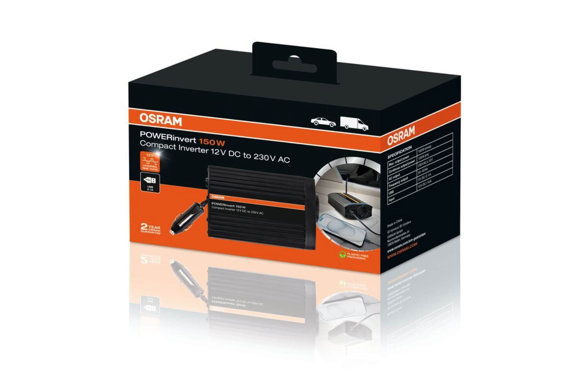 Монофазен токов инвертор Osram POWERinvert 150 12V DC към 230V AC, 150W, 2.1A USB, с един контакт