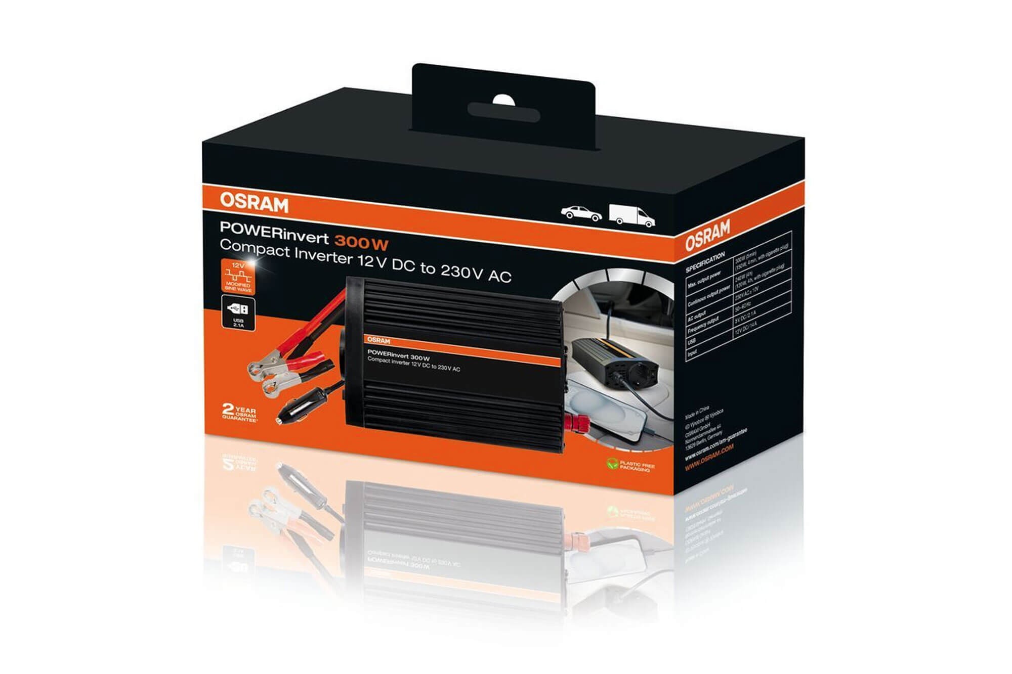 Монофазен токов инвертор Osram POWERinvert 300 12V DC към 230V AC, 300W, 2.1A USB, с един контакт