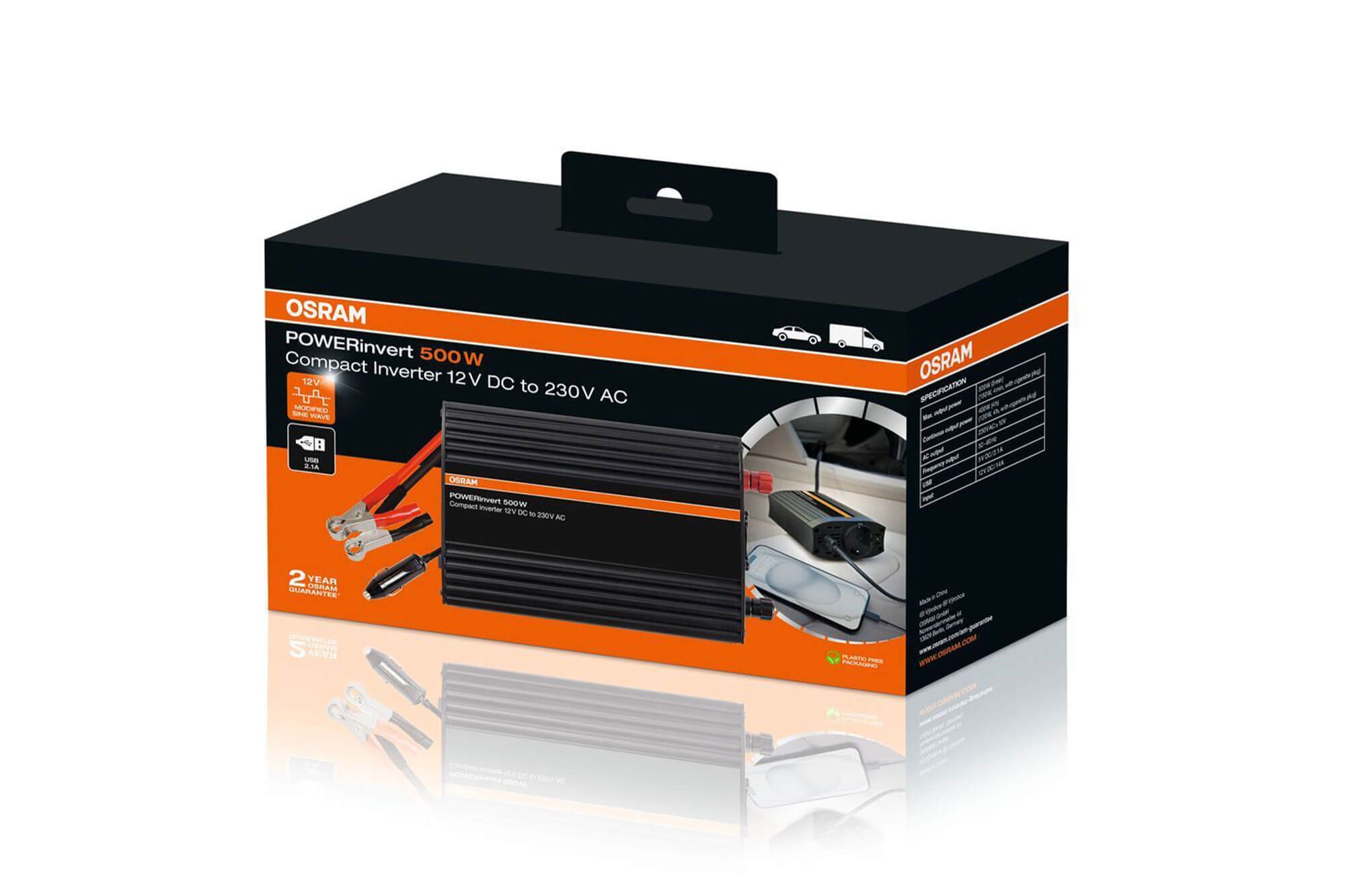 Монофазен токов инвертор Osram POWERinvert 500 12V DC към 230V AC, 500W, 2.1A USB, с един контакт