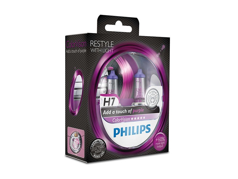 Комплект 2 броя халогенни крушки Philips H7 Color Vision12V, 55W, PX26D, Лилави