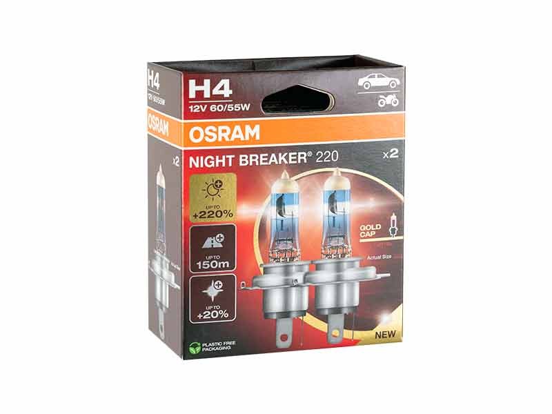 Комплект 2 броя халогенни крушки Osram H4 Night Breaker 220 12V, 60/55W, P43t, 1650/1000lm