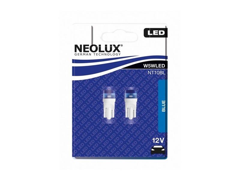 Комплект 2 броя LED лампи NeoLux тип W5W Сини, 12V, 0.5W, W2.1x9.5d